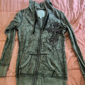 Light weight gray full zip hoodie with beautiful design and rhinestones